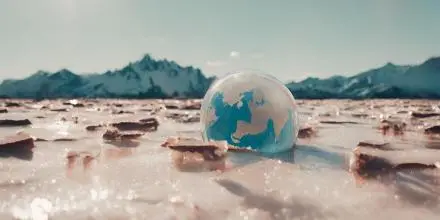 Imagen de los polos derretidos con una bola del mundo representando el calentamiento global